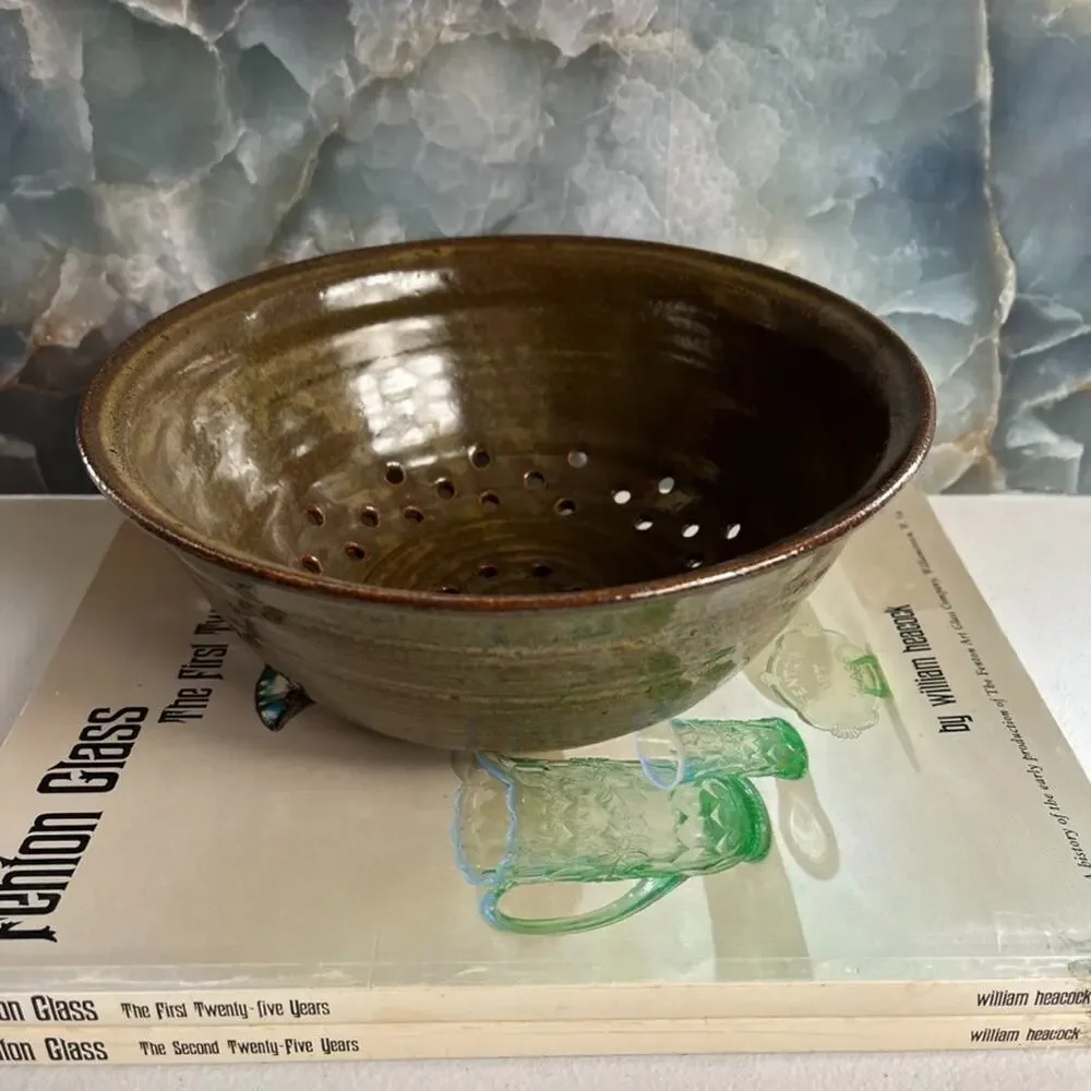 Studio Art Colander 8.5 in Stoneware Green Brown Rim Swirl Glazed Earth Toned